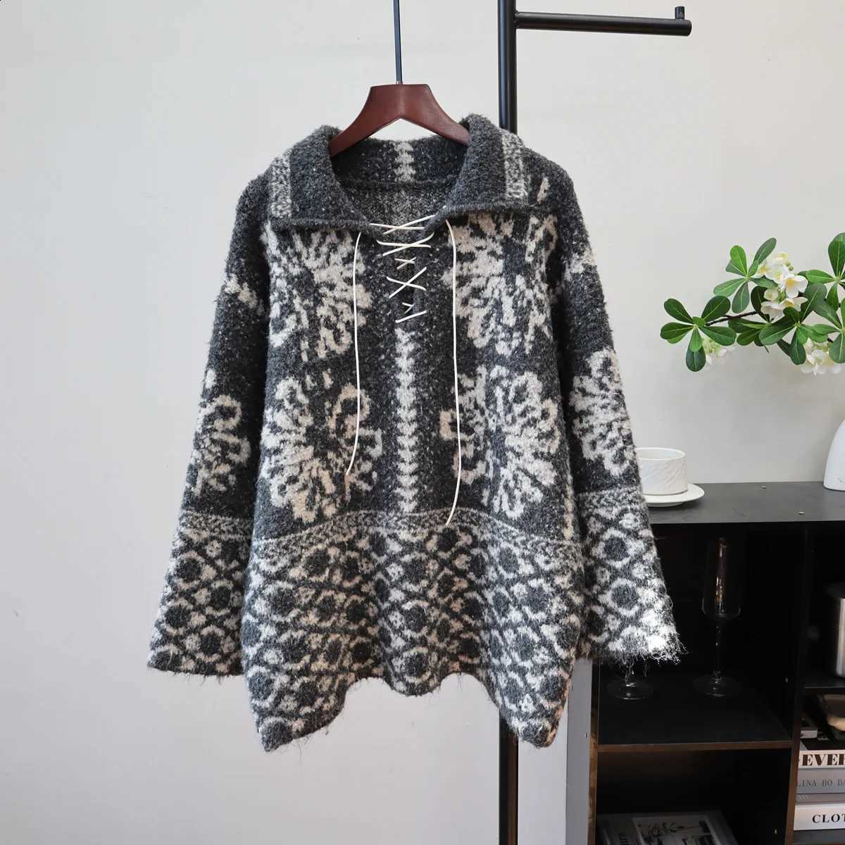 Gray Autumn Winter Thick Fair Isle Jacquard Knitted Sweater Loose Lazy Style Pullover Sweater Women ZF1694 J260916