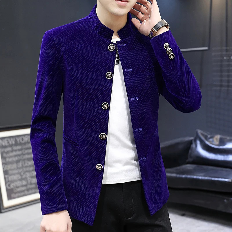 Retro Velvet Suit Jacket for Men Fashion Slim Fit Stand Collar Blazer Masculino Casual formal wear Dress Coat 260917