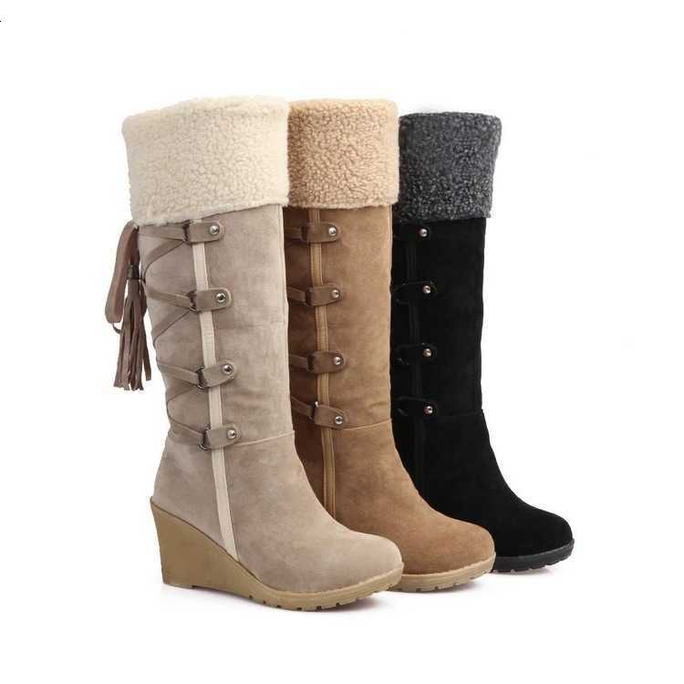 High Boots 2022 Winter Women's fashion Lace-up Tassel Long Boots Women Platform Wedge Snow Boots Warm Cotton Boots Botas Mujer D260917