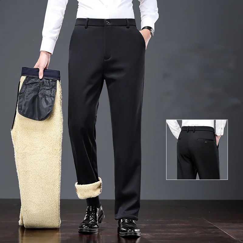 Mid Age Mens Pants Winter Thermal Dress Trousers Thick Warm Business Casual Office Wear Elastic Waistband Plus Size 260917