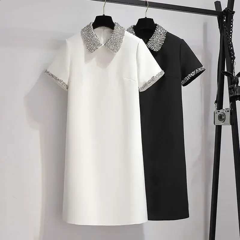 Sparkling New Chic Diamond Beaded Peter Pan Collar Short Dress Women Summer Elegant Fashion Office Lady Simple T Shirt Dress C260917