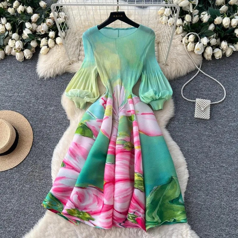 Miyake Pleated Print Dresses 2026 Summer Round Neck Lantern Sleeve ALine Flower Bud Dress Elegant Stretch Womens Clothing 260916