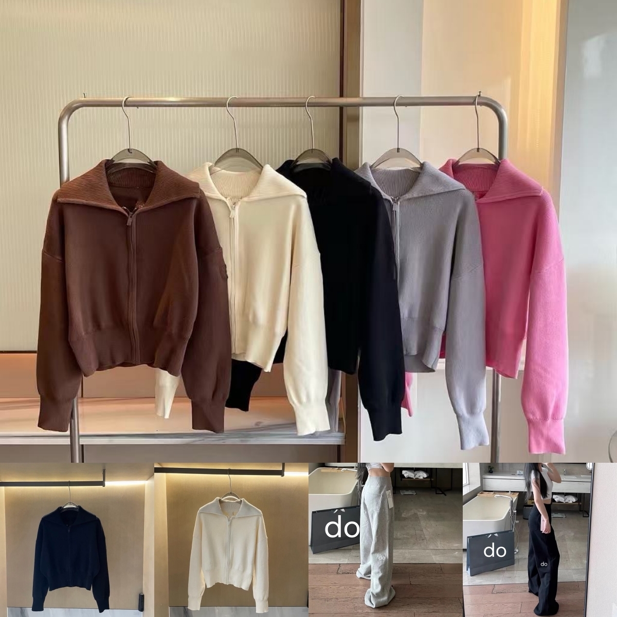 Women Designer Knit Set Scholar Knit Cropped Full Zip Jackets Yoga Cardigan Serenity Wide Leg Sweatpant Cropped knitted Sweater Winter Gym Outfit Sh