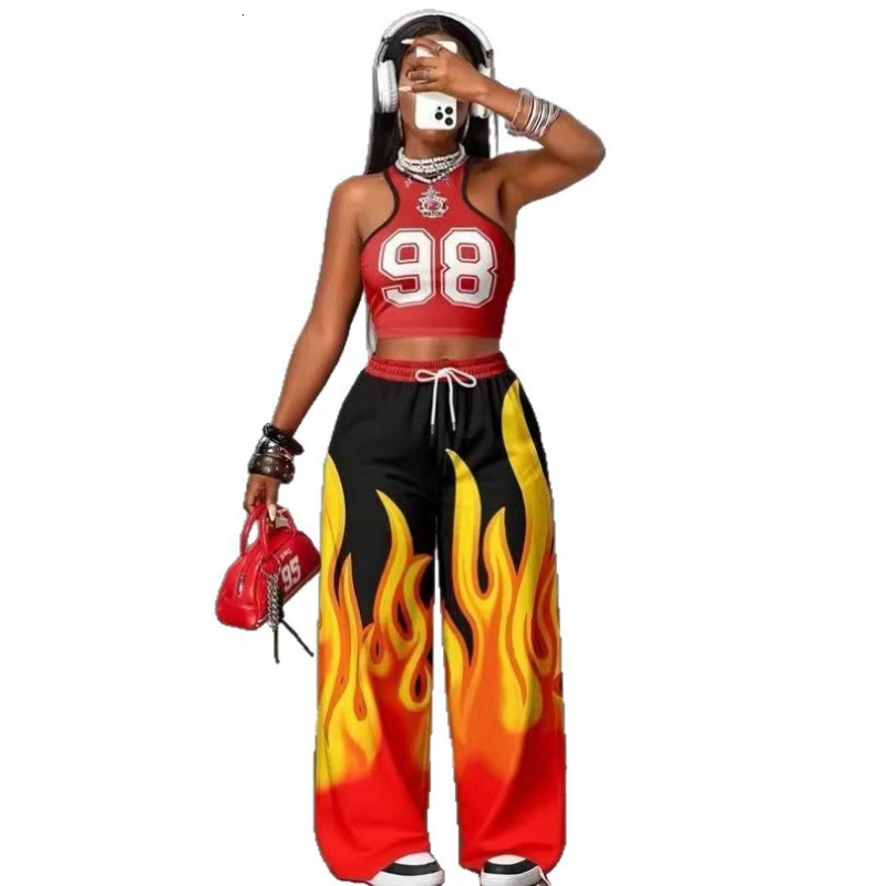 European American Style, Trendy Hip-Hop Athletic Tracksuit, Versatile For Everyday Streetwear, Featuring A Printed Vest And Casual Wide-Leg Pants