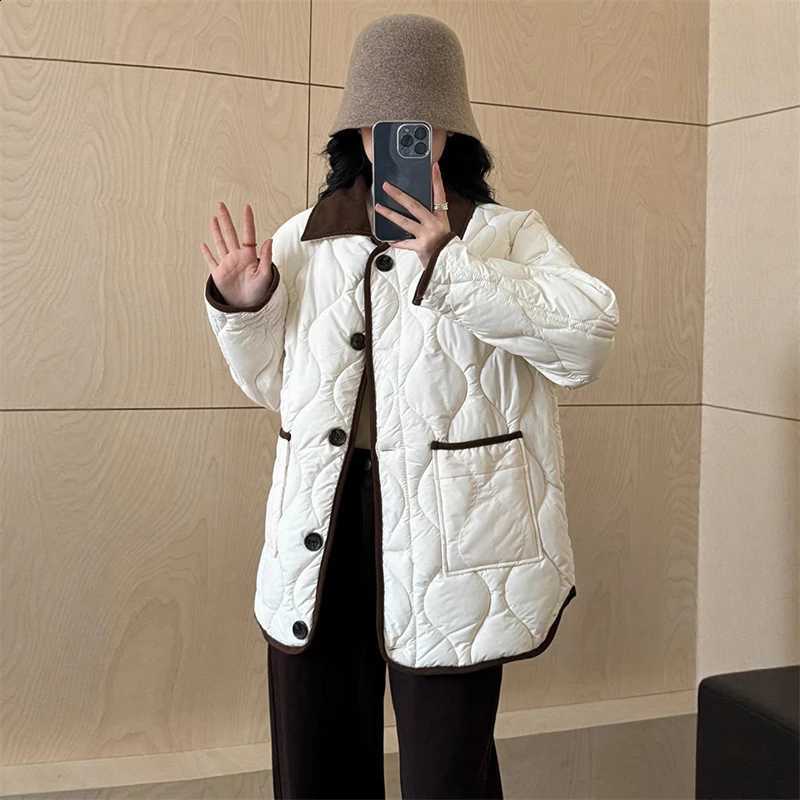 Autumn Down Cotton Padded Jacket Women's 2025 Contrast Lapel Rhombic Thin Short Loose Spring Cotton Padded Casual Coats Female H260917
