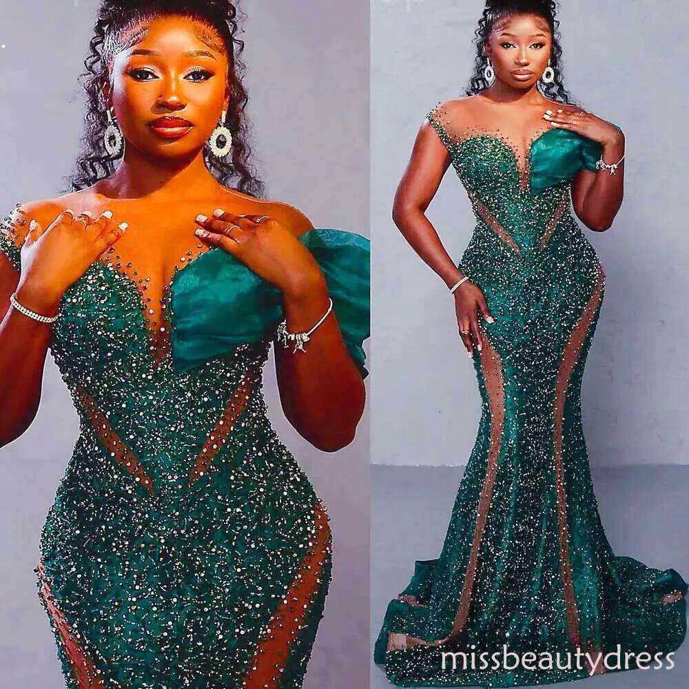 Dark Green Prom Dresses For Black Girls 2026 Mermaid Sequind Lace Evening Gowns Elegant Women Formal Party Dress Plus Size Luxury Robes de soiree D1
