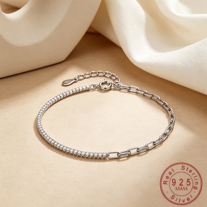 VITAJEW Dainty Sterling Silver Tennis Paperclip Mixed Chain Inlaid CZ Zircon Adjustable Women Fashion Bracelet Daily Jewelr