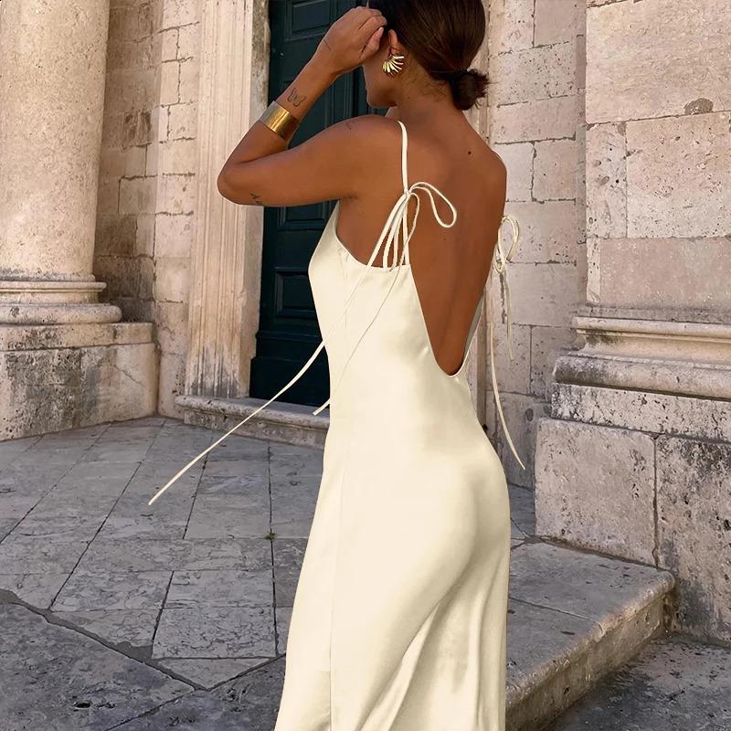 Sexy Backless Party Satin Dress For Women Solid Color Elegant Wedding Evening Sleeveless Lace-up Sling Long Dresses Ropa Mujer 260917