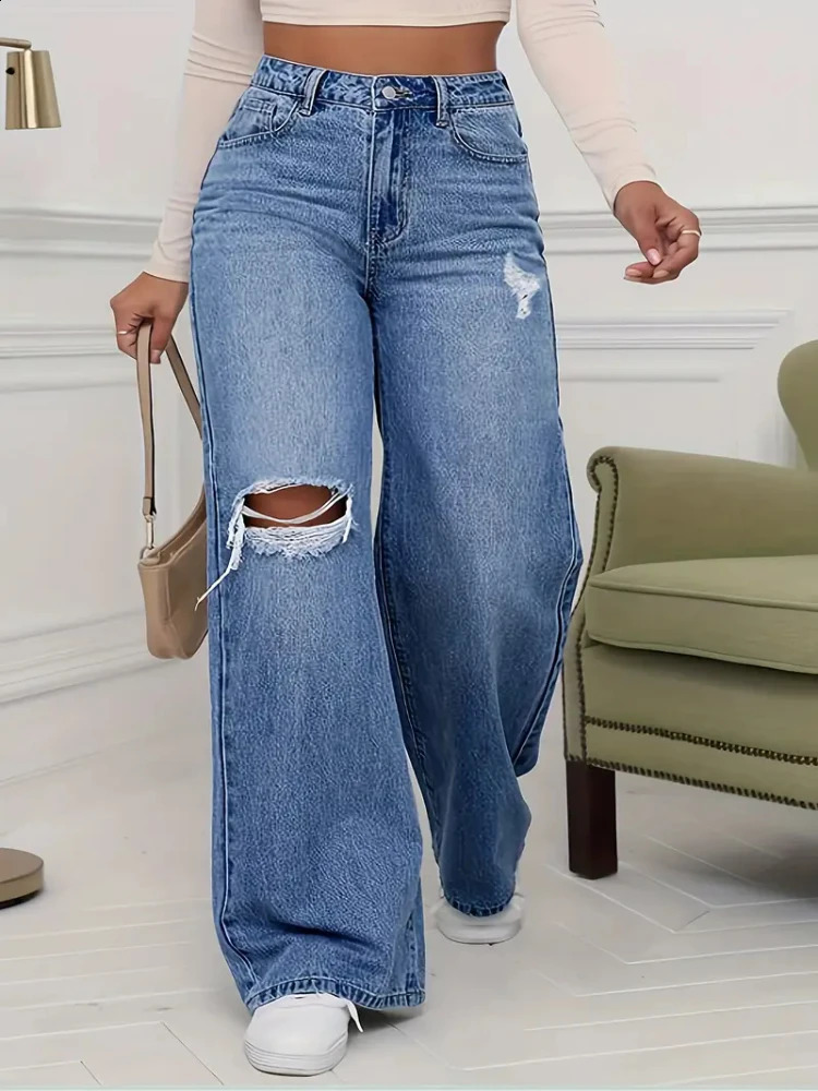 Jeans da donna Pantaloni denim Gamba larga Pantaloni strappati effetto consumato 2026 Streetwear Tasche lavate Lunghezza pavimento Foro 260915