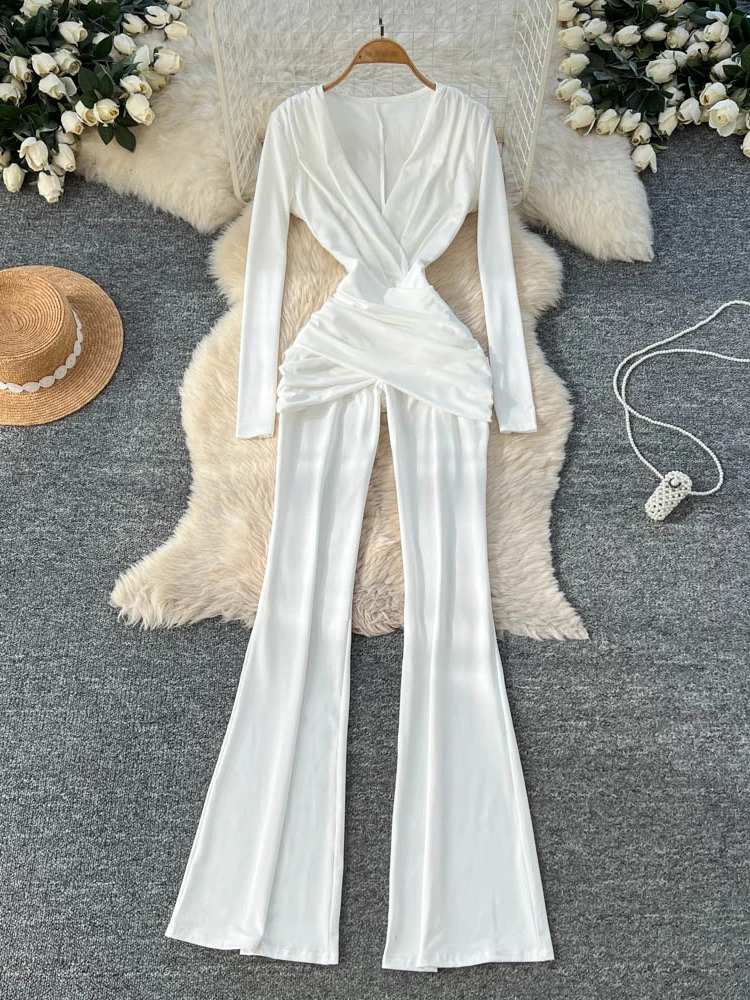 Foamlina Women Sexy Deep V Neck Long Sleeve Jumpsuit Solid Color High Waist Criss Cross Ruched Slim Bodycon One Piece Rompers 260917