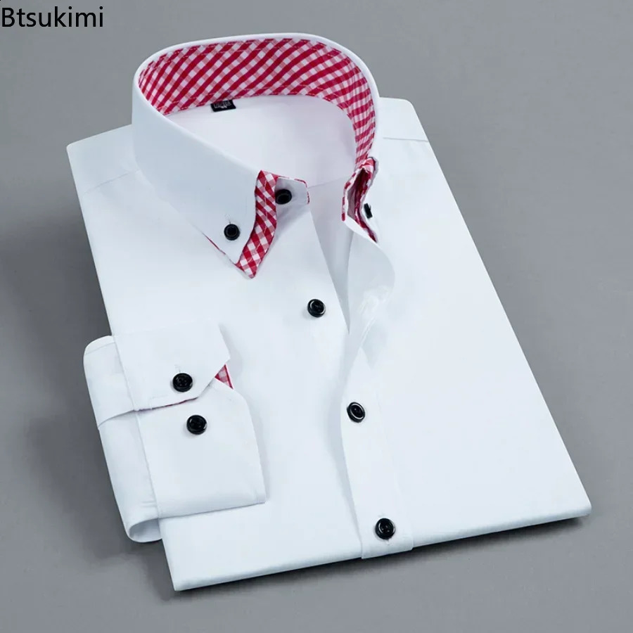 2026 Mens Dress Shirt Non Iron Fashion Double layer Long Sleeve Business Formal Regular Fit Office Camisa Social Shirts Male 260917