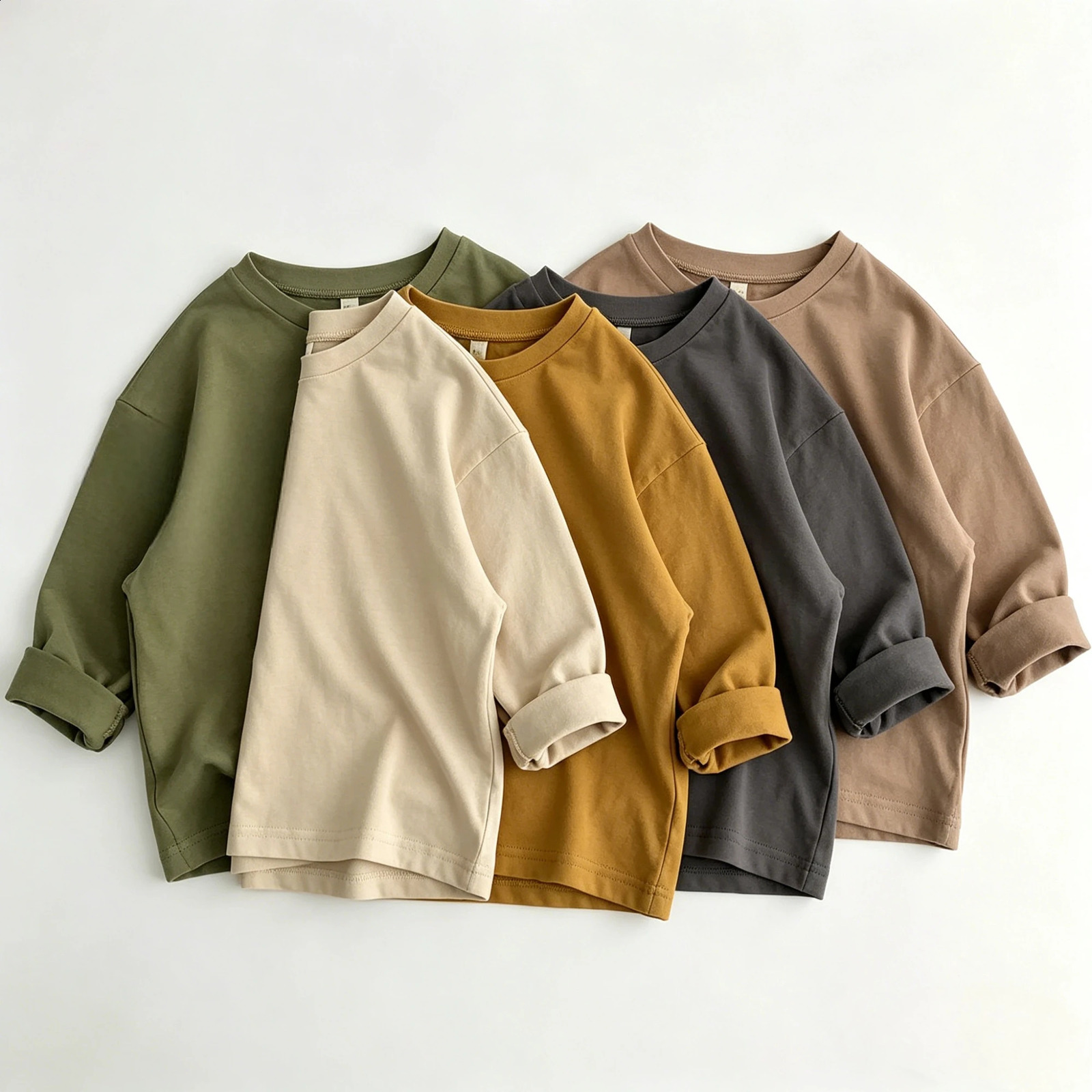 Kids Solid Color Long Sleeve T Shirt Neutral Tone Cotton Tops Soft Fabric Loose Fit Casual Tees For Toddler Wear Baby Kid Wear260916