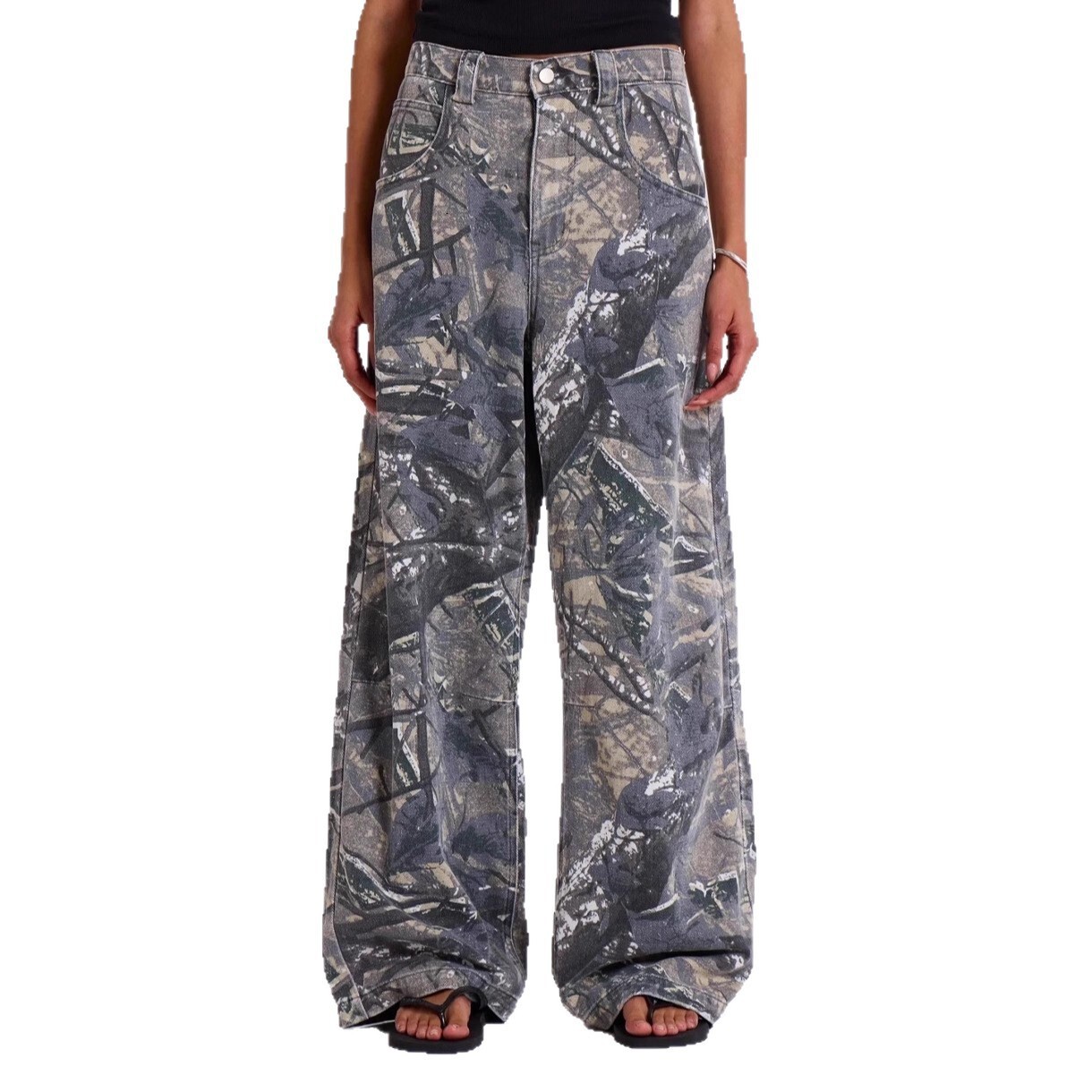European Cross-Border American High Street Harajuku Retro Tree Branch Leaf Camouflage Print Loose Straight Anti-Denim Jeans for Women and Men 3d