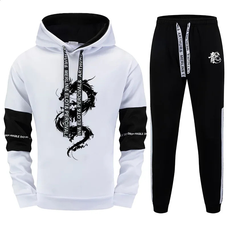 2026 Arrival Men's Tracksuit 2 Piece Set Chinese Dragon Print Hoodie Sweatpants Fall Winter Daily Casual Sporty Jogging Suit 260917
