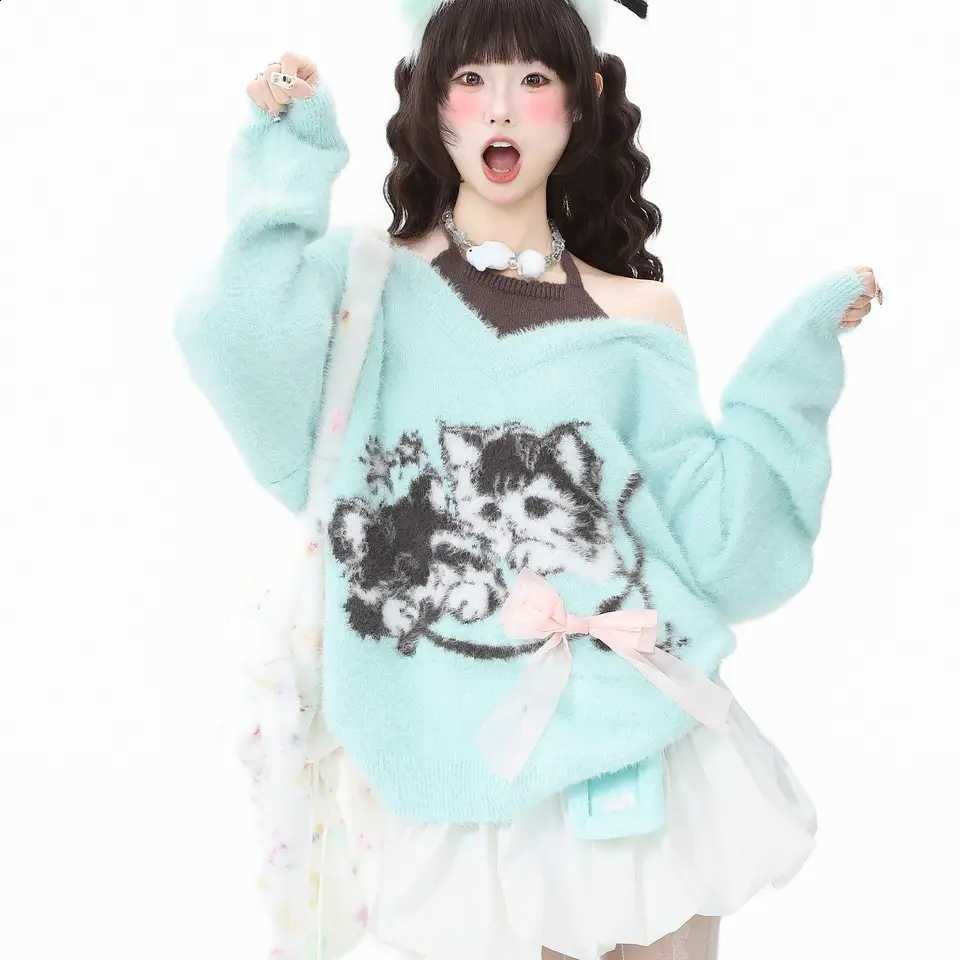 Japanese Sweaters Kawaii Y2K Women Off-Shoulder Sweater Cat Pattern Long Sleeve Casual Style Pullover Harajuku Spring Autumn J260916