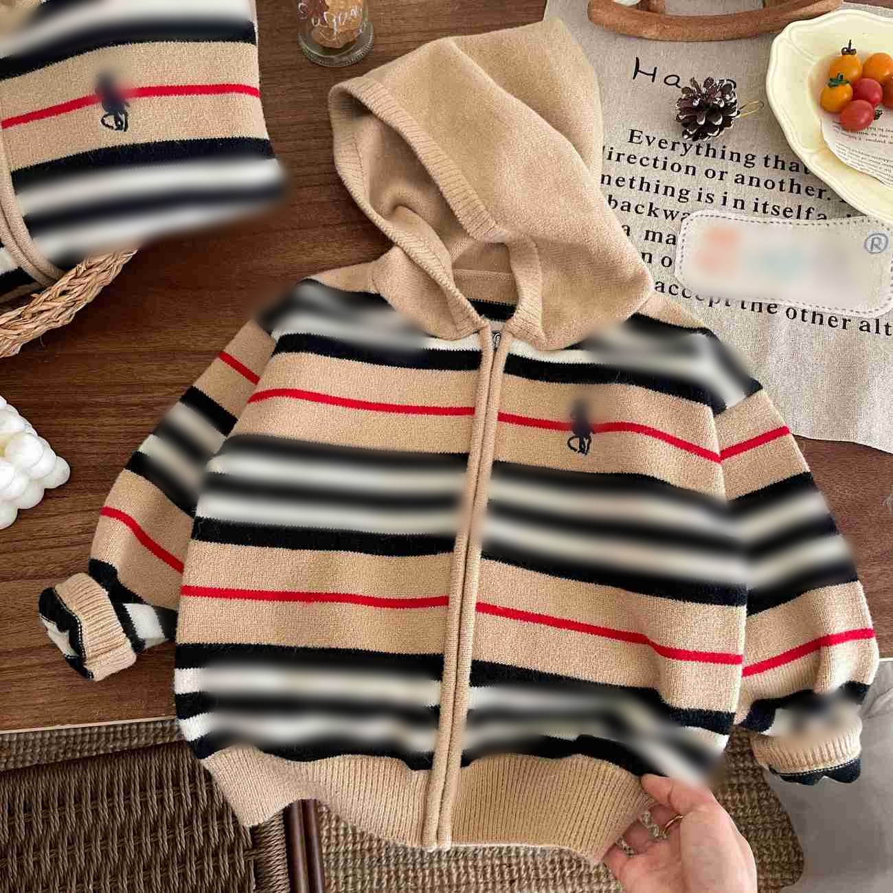 Polo Designer Kids Hooded Zip Up Knit Cardigan Khaki Striped Sweater Boys Girls Japanese Korean Style Children Autumn Winter Casual Outerwear