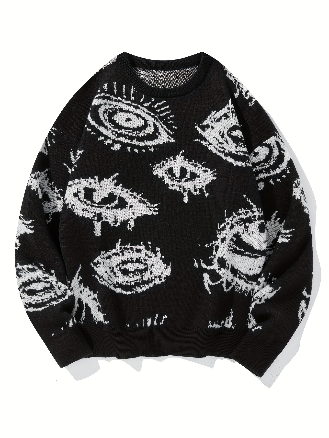 LVLAEA Men's Knit Pullover Shirt, Long Sleeve Jacquard Sweater with Eyes Pattern for Winter Fall Casual & Lounge Wear, Anti-Pill J260917