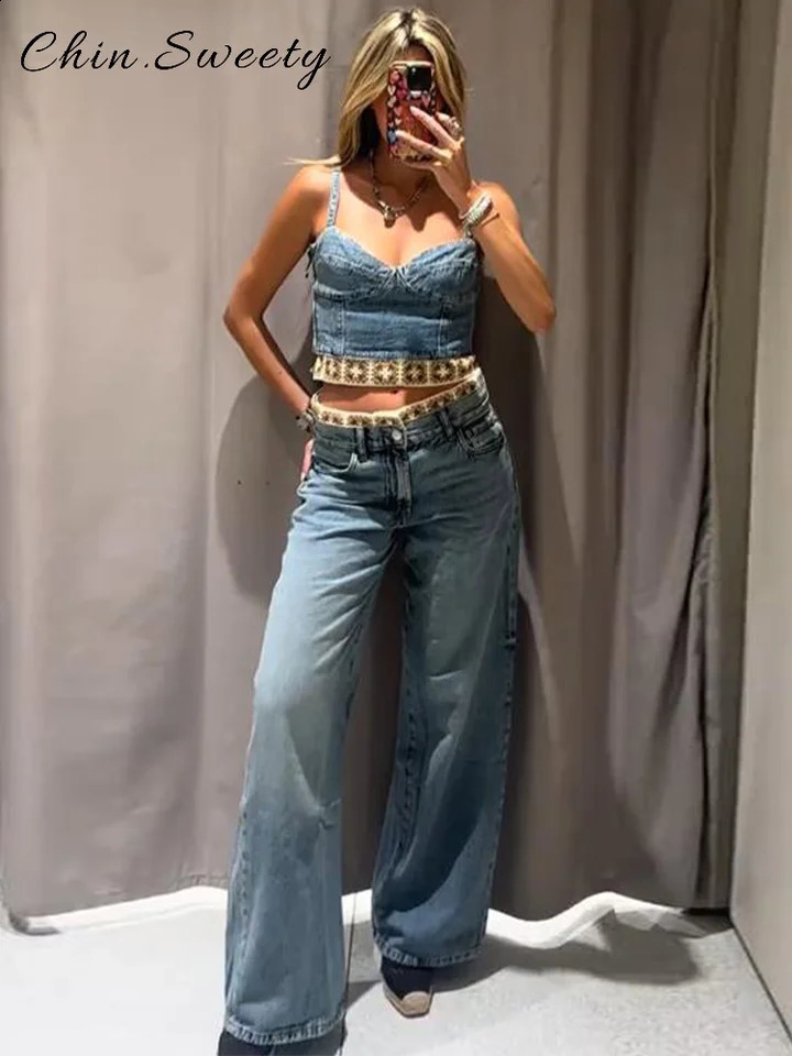 Casual Women's Denim Patchwork Vest Pants Set Sleeveless Hollow Out Crop Sling Top Pocket Wide Leg Pant 2026 Summer Fashion Suit 260917