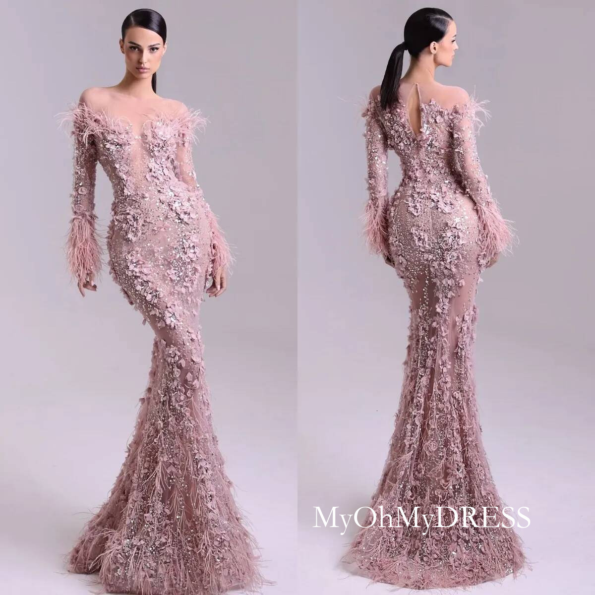 Gorgeous Dust Pink Appliqued Mermaid Evening Dresses Feathers Long Sleeves Gala Women Floor Length Prom Party Dresses For Special Occasions Bc21024