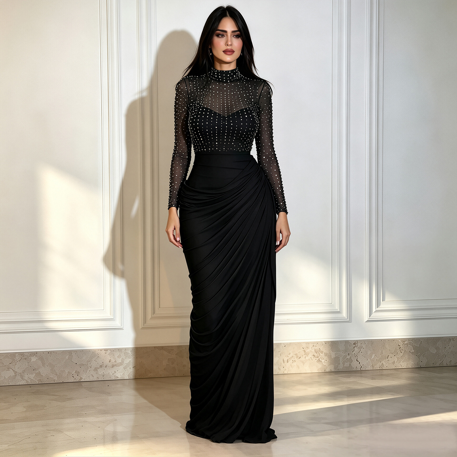 Cross-border new women's sexy high-neck rhinestone mesh pleated bodycon evening dress set