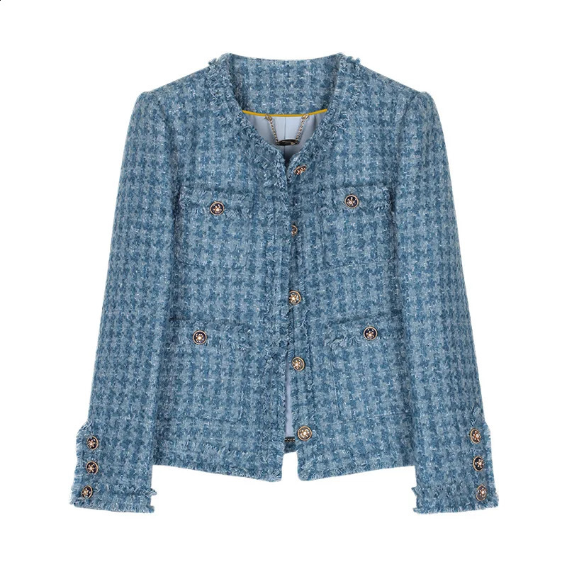 Elegant Vintage Round Neck Tassel Blue Small Fragrance Coat Women Fashion Tweed Casual Basic Office Lady French Woman 260916