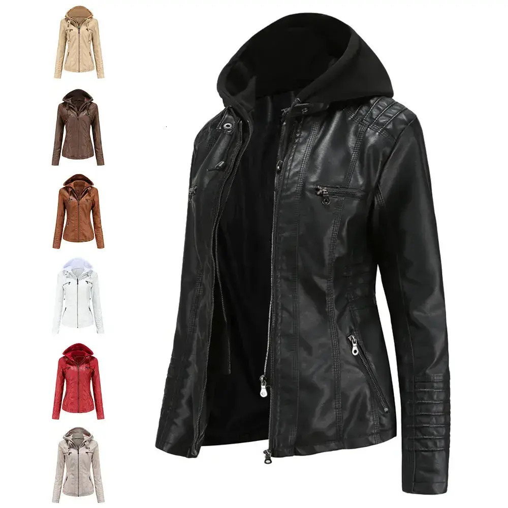 Women Leather Jacket Newnf Spring And Autumn Women's Coat Hooded pu Leather Faux Jacket Two Piece Detachable Set Oversized Washable OC Customiz