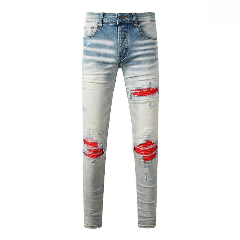 Amrirjeans Men's Jeans European American High Street Fashion Distressed Blue Washed Ripped Leather Trendy Brand Elastic Tight Fitting Miriamiri