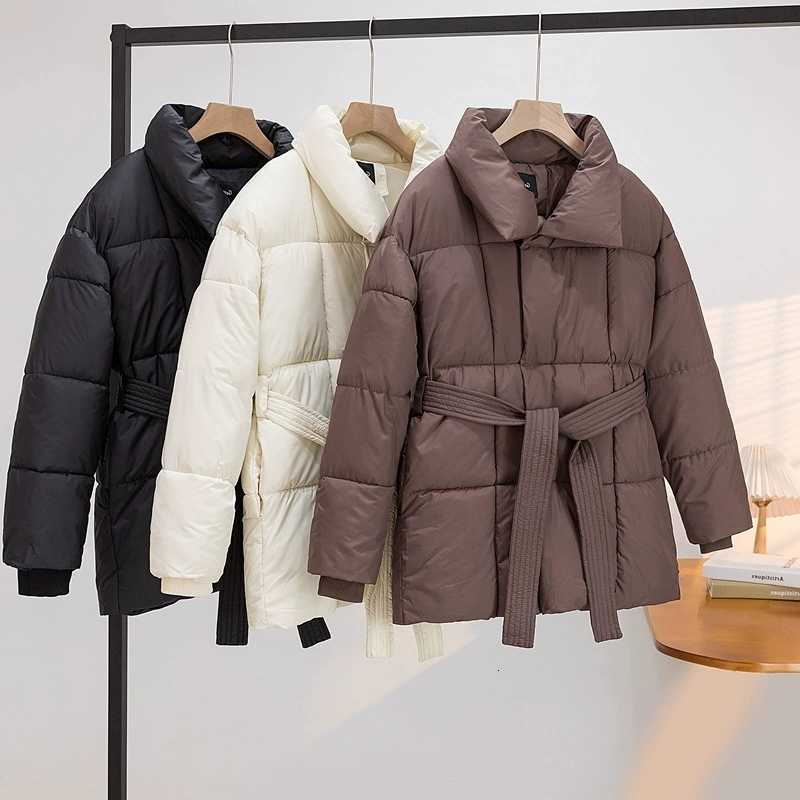 Tie Advanced with Waist Cinching Up Black Cotton Jacket Women's 2026 Winter New Korean Version Stand Collar Coat Female Parkas H260917