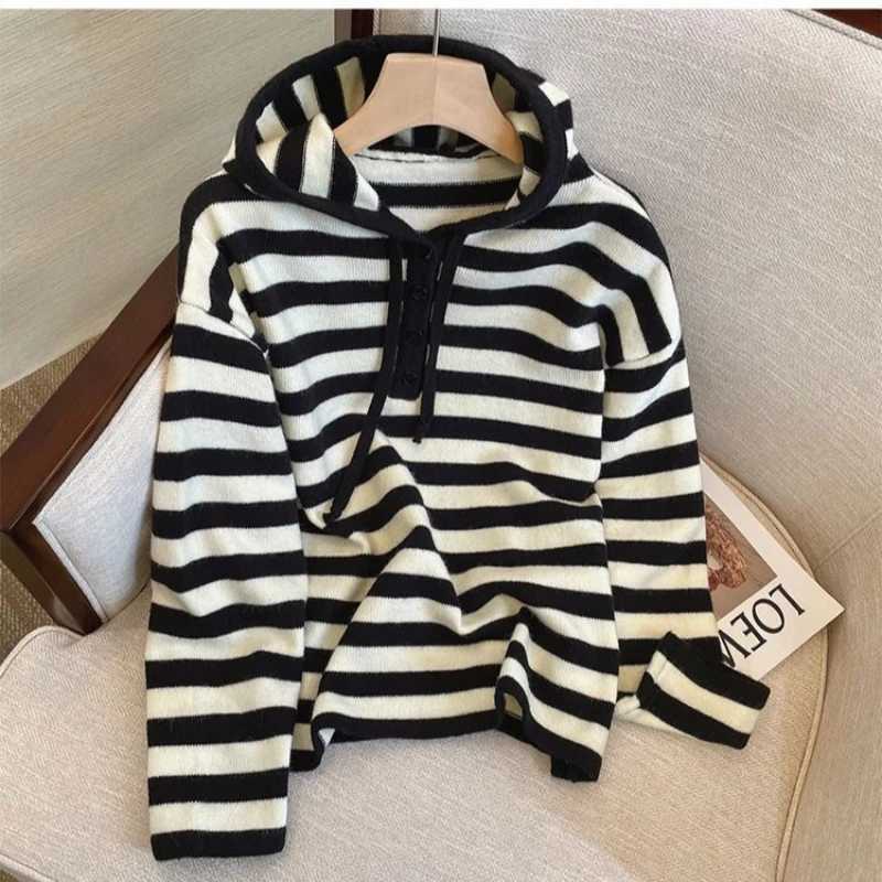 Women's Trendy White Striped Hooded Knit Sweater - Half Button Front Drawstring Loose Fit Top Swt Casual Spring Autumn S260917LTCR
