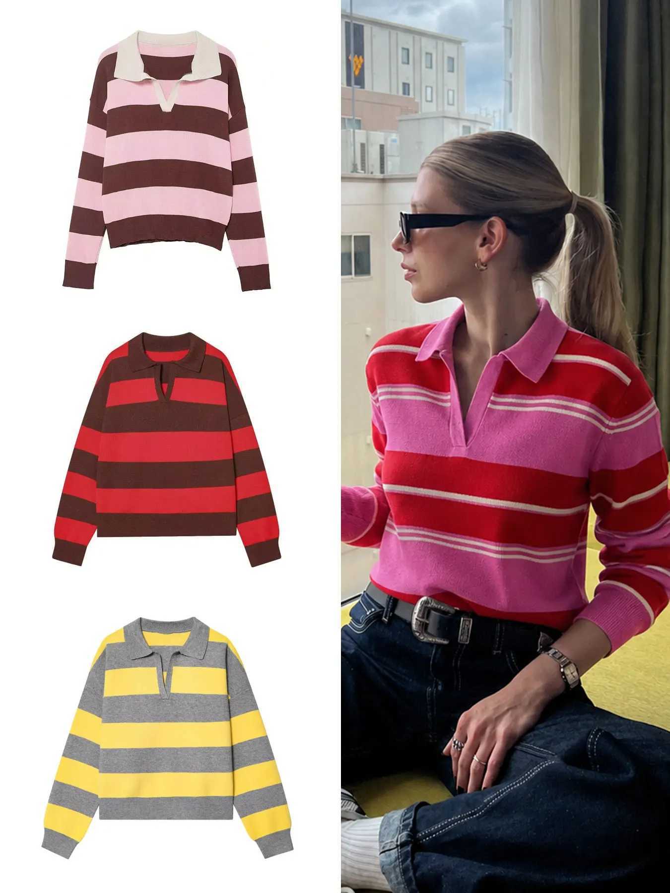 HH Vintage Women Striped Casual Autumn Pullover Top Polo Collar Long Sleeves Fashion Vacation Elegant Party Loose Sweater S260917TOS1