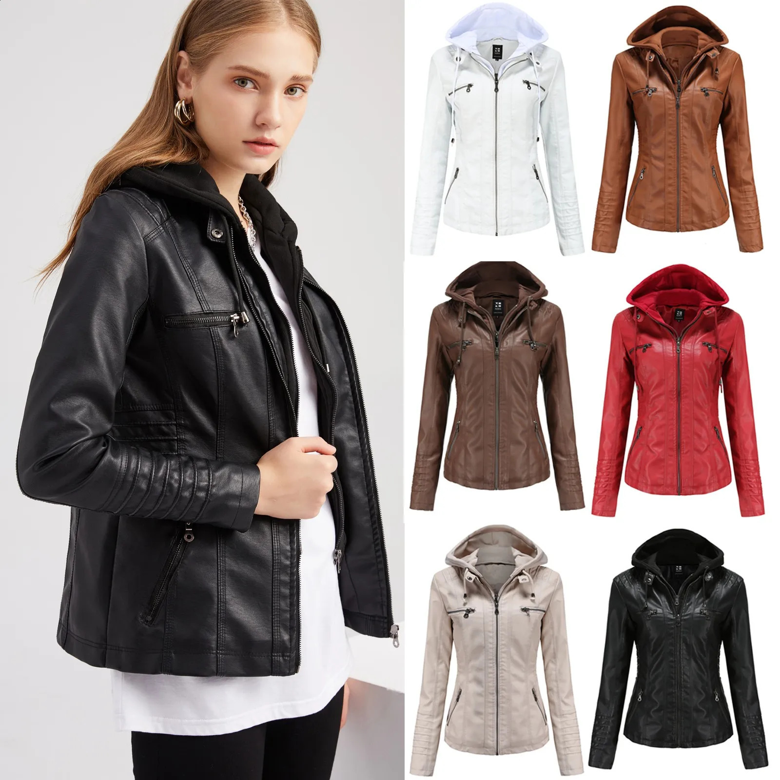 Faux Leather Jackets For Women Vintage Double Layer Zipper Hooded Motor Biker Leather Coat Slim Streetwear Bomber Jackets Women 260916