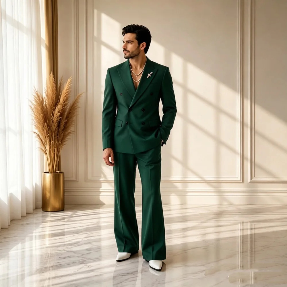 Vintage 70s Style Wedding Tuxedo for Groom 2 Pieces Double Breasted Men Suits with Wide Leg Pants Formal Jacket Suit Set 260917