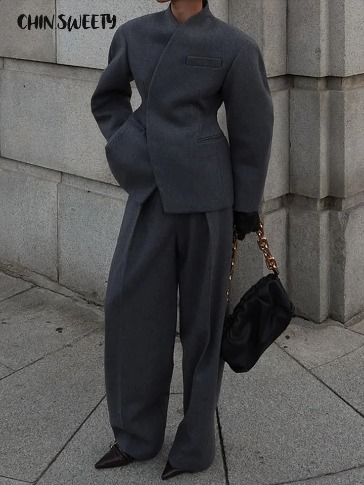 Casual Solid Womens Woolen Coat Trouser Suits WaistClosed VNeck Straight Pants Lady Set 2026 Spring 2 Pieces Women 260916