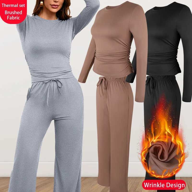 Winter Thermal Set Women Long Sleeve Round Neck Top Soft Wide-leg Pants Comfortable Wrinkle Design Fall Casual Warm Outfits H260916