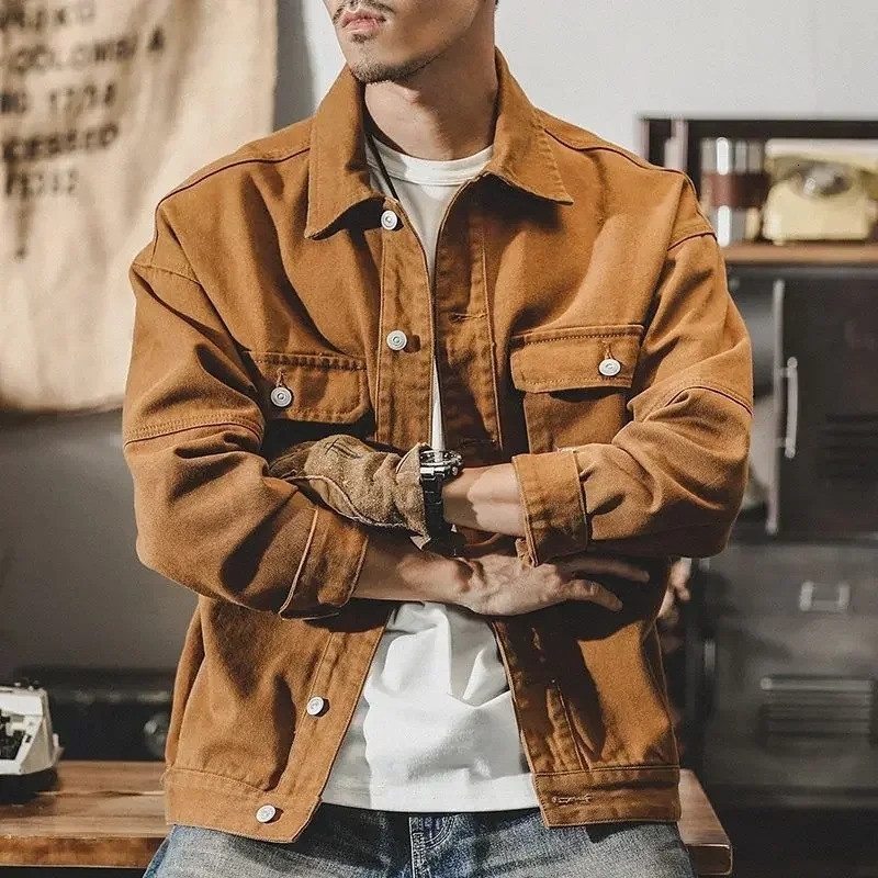 Men's Denim Jacket Vintage Brown Male Jean Coats Cargo ner Washed Clothing Winter 2025 Korean Style Elatic Original Cowboy y260914