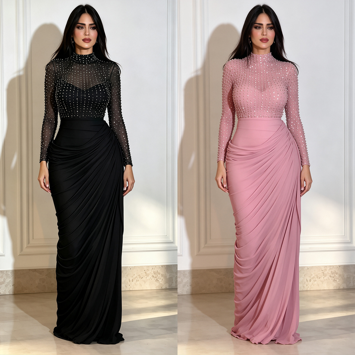 Cross-border new women's sexy high-neck rhinestone mesh pleated bodycon evening dress set