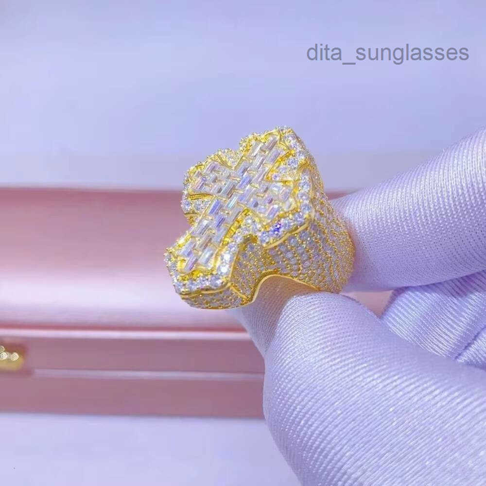 Hip Hop Custom Ring 3 Color Cross Ring Men Iced Out Jewelry VVS Baguette Cut 925 Silver VVS Moissanite Ring
