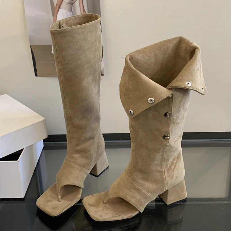 Eilyken Spring Autumn Square Clip Toe Women KneeHigh Boots Sandals Fashion Vintage Low Heels Buckle Strap Shoes 260917