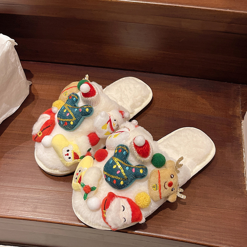 2026 Christmas Cartoon Doll Closed Toe Slippers Autumn Winter New Christmas Elements Indoor Warm Anti Slip Plush Cotton Slippers Free Shipping