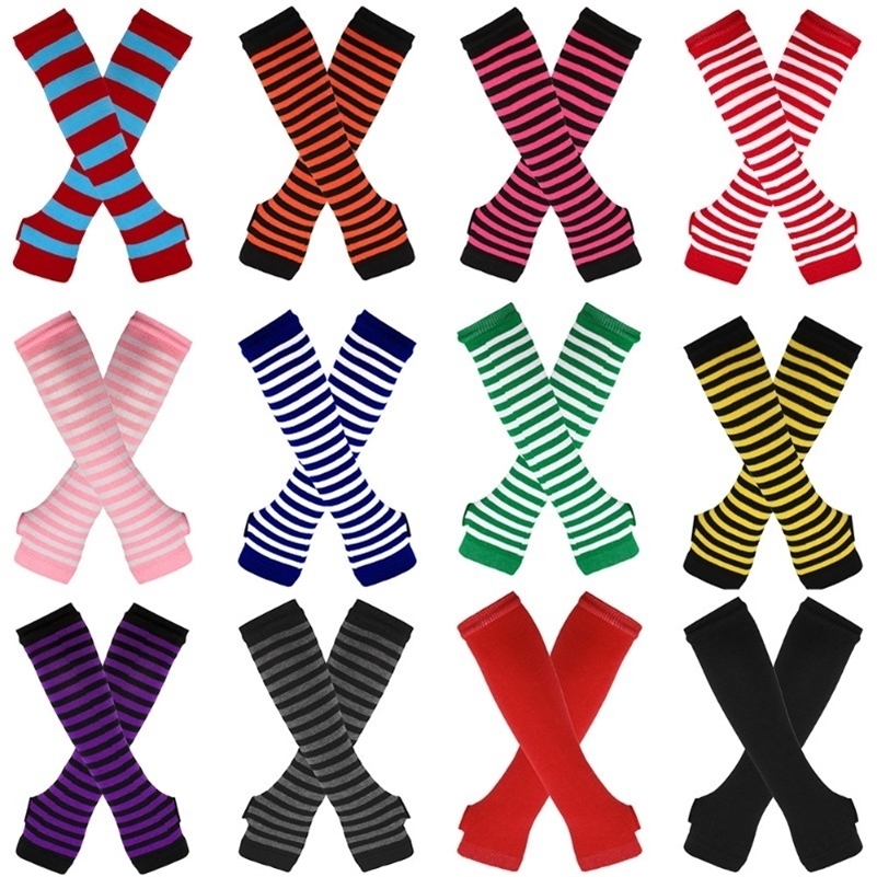 Rainbow Long Sleeve Woman Winter Arm Warmers Knit Cuffs Gloves Colorful Striped Sleeves Holiday Party Arm Cover Cosplay Gloves260915ww