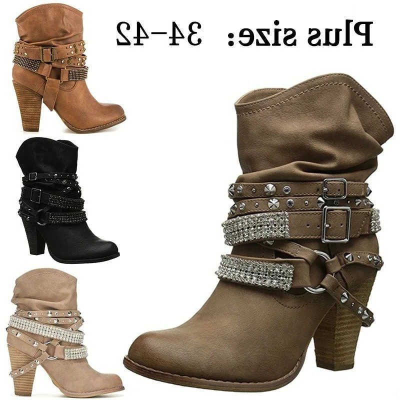 Winter New Women Mid-Calf Autumn Boots Metal Decoration PU Square Heel Belt Pleated Sexy Plus Size 36-43 Women Shoes D260917