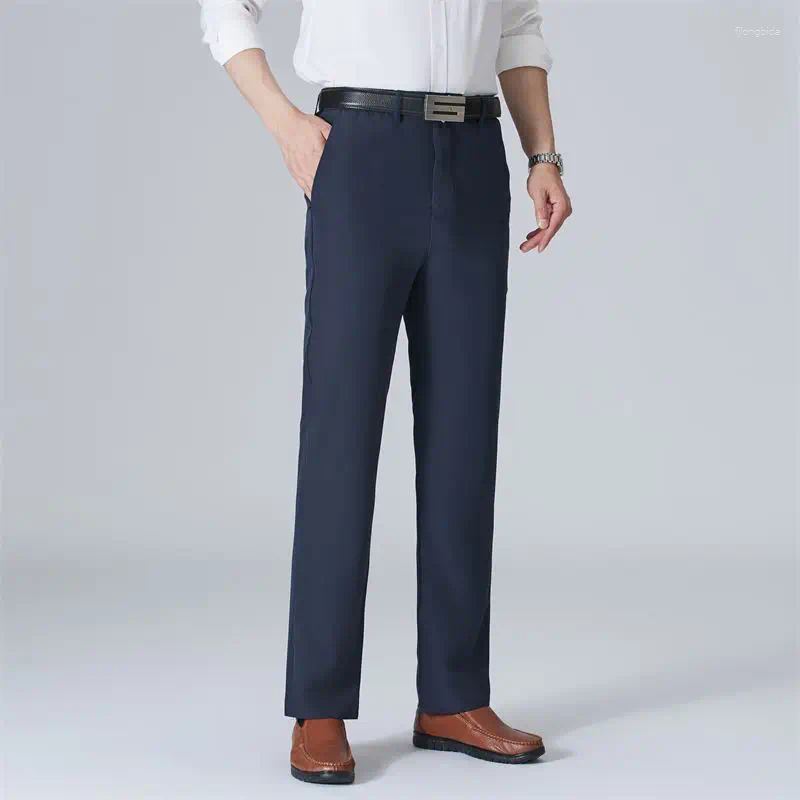 Men's Pants Mens Zipper Button High Waist Straight Leg Dress Side Pocket Formal Business Casual Suit Trousers