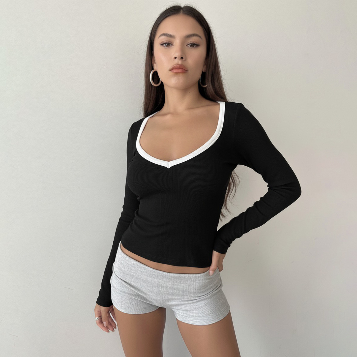 European and American style casual V-neck color-block long-sleeve T-shirt women, versatile basic piece for autumn, a slim-fit knitted top c4
