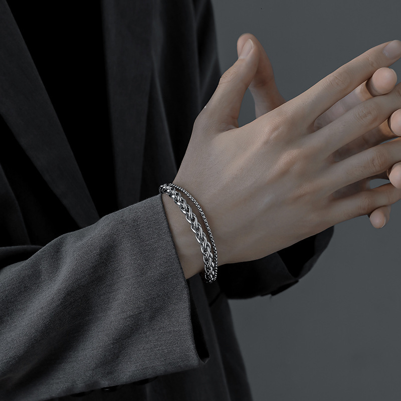 Double Layer Titanium Steel for Men Trendy Ins Light Luxury Niche Simple Minimalist Style Bracelet with Design Sense High-end Men's Jewelry