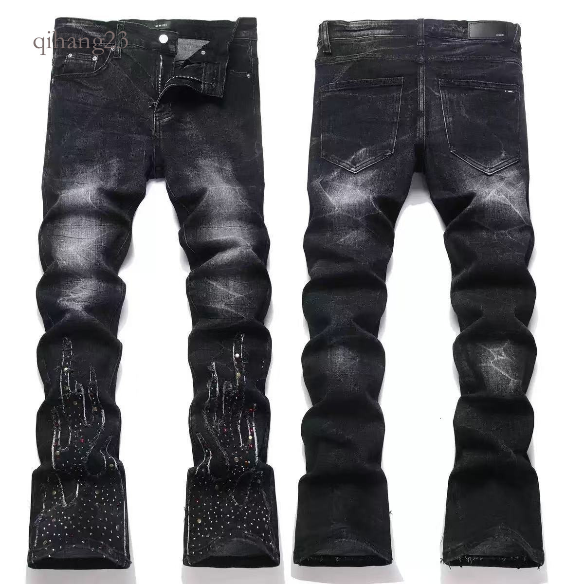 MA Jeans Men Designer Slim Fit Ripped Patch Jeans High Stretch Denim Fabric AM Letter Printed Hip Hop Street Style Pants Straight Design Retro High