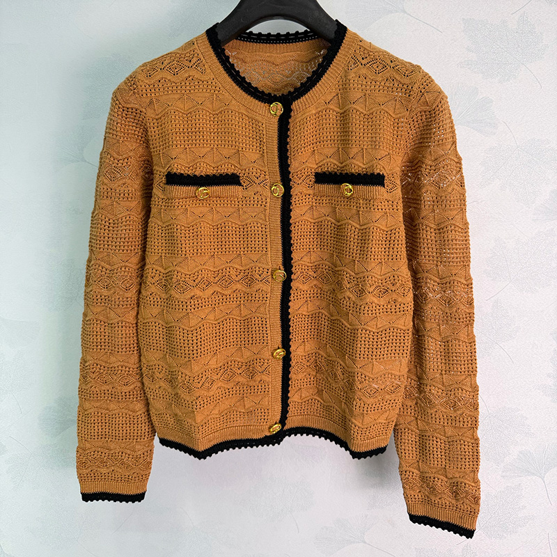 Hollow Out Solid Knit Cardigan For Women Millard Style Elegant Ribbed Gold Buttons Cardigans Birthday Party Street Retro Sweater Coat
