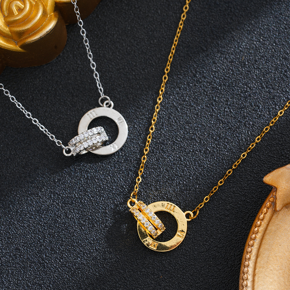 Pearl Row Full Diamond Roman Double Ring Necklace for Women, 18k Gold Plated, Trendy Clavicle Chain, Elegant and Simple Necklace, Wholesale