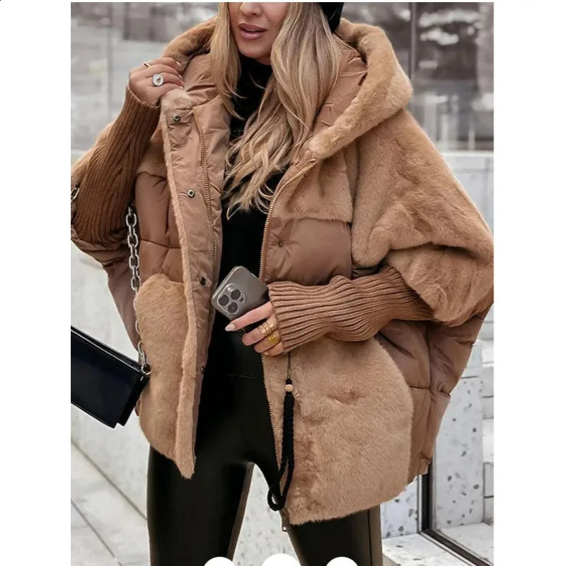 Womens Hooded Patchwork Warm Coat Autumn Padded Jacket Oversize Outerwear in Winter 260917