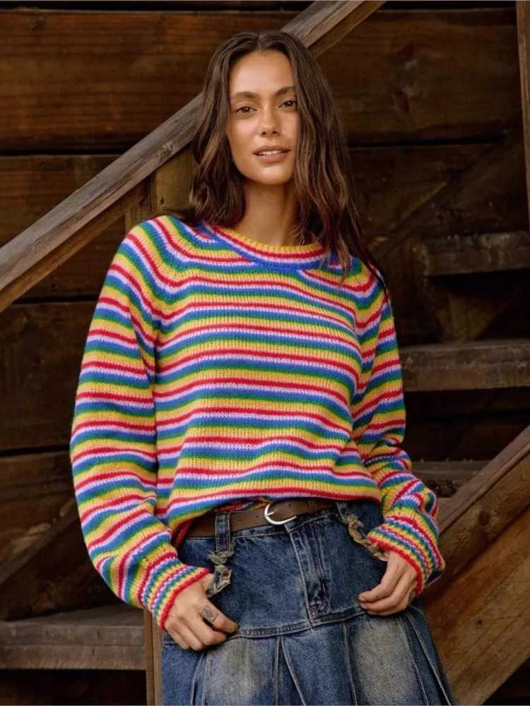 2025 Winter Clothes Woman Pulls Femmes Rainbow Striped Sweater Top Knitted Retro Round Neck Long Slves Loose All-match Trendy S2609173LFZ