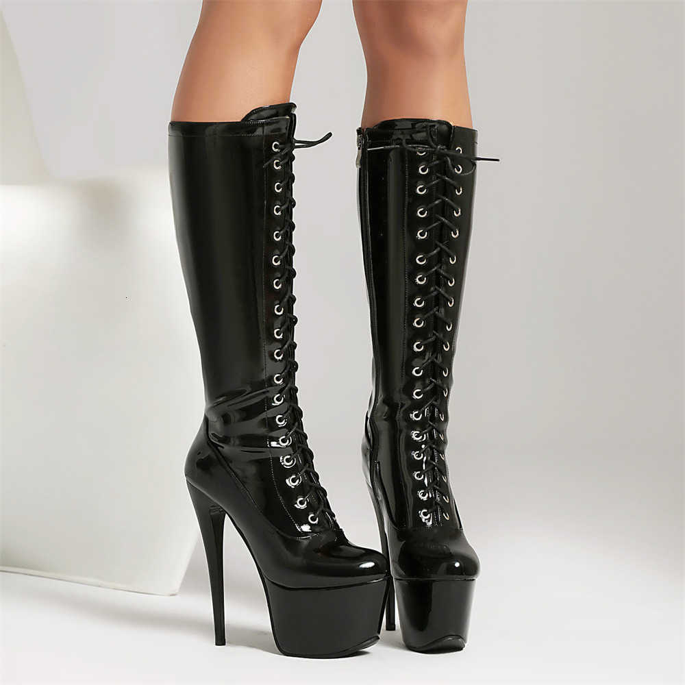 Plus Size 47 Unisex Red Zip-up Super High Heels Knee High Boots Black Stiletto Sexy Silver Pole Dance Platform Boots Women Shoes D260917